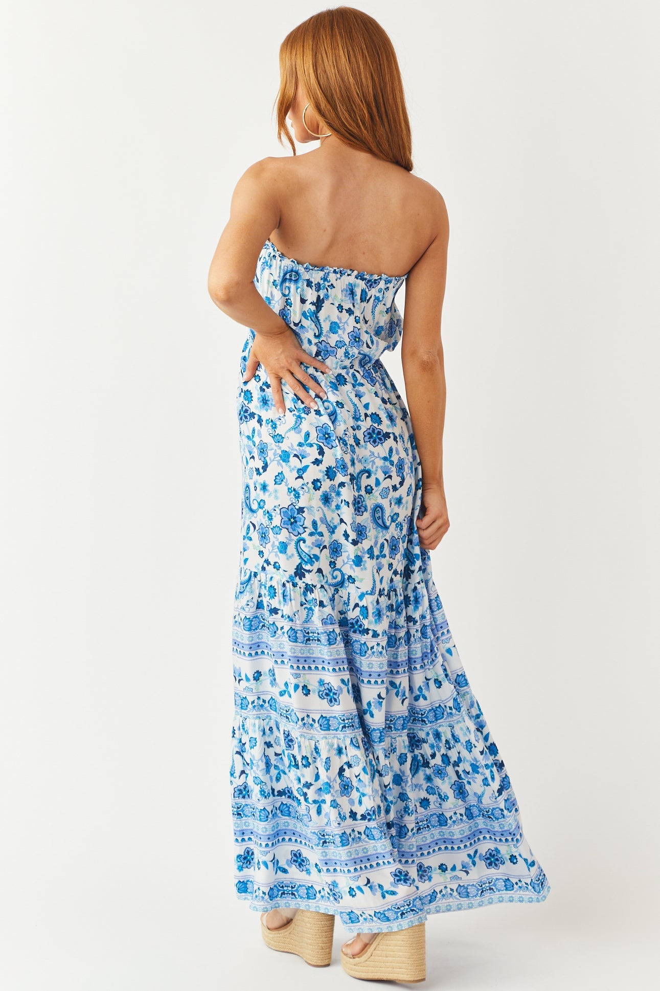 Ivory Floral Print Strapless Front Waist Tie Dress