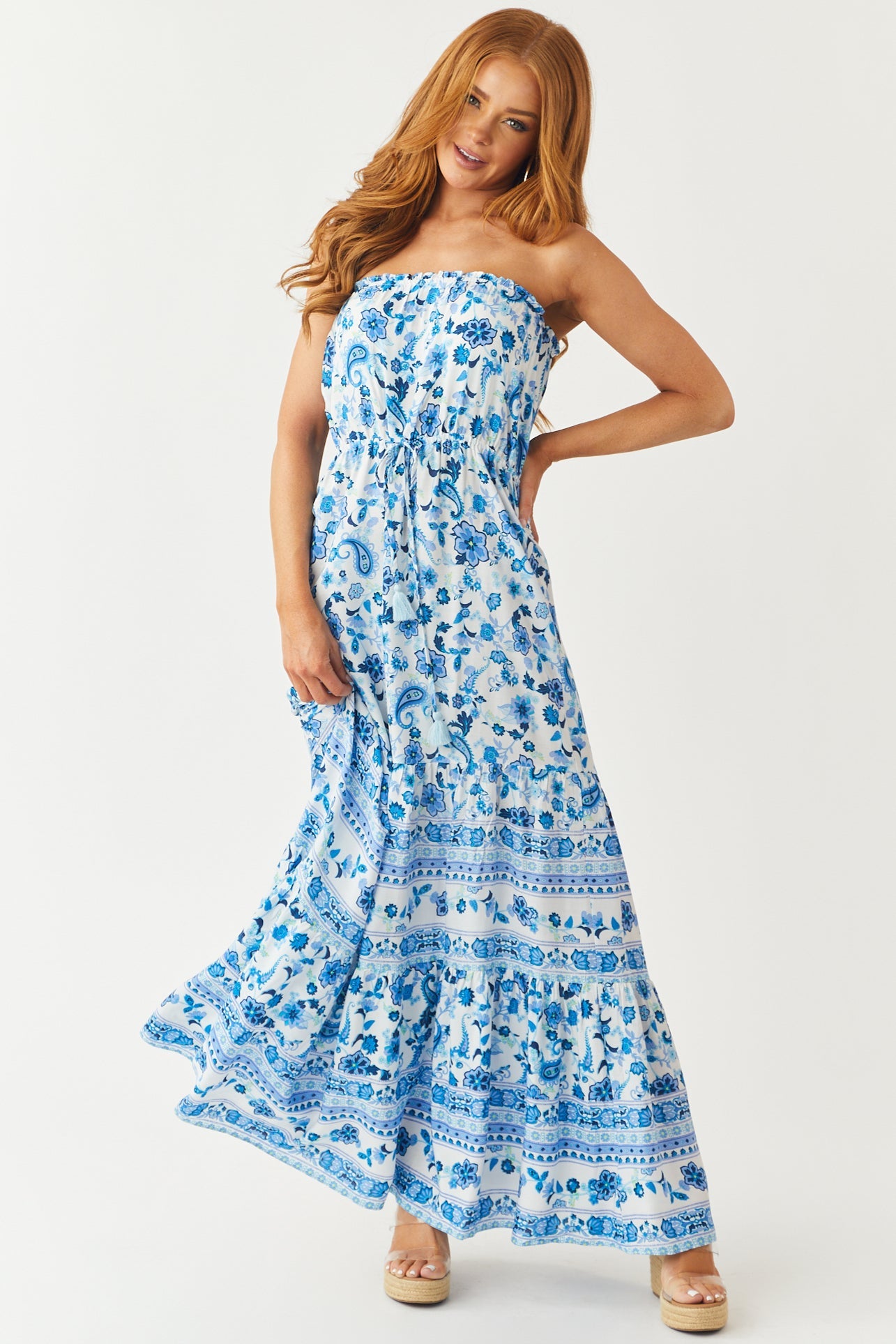 Ivory Floral Print Strapless Front Waist Tie Dress