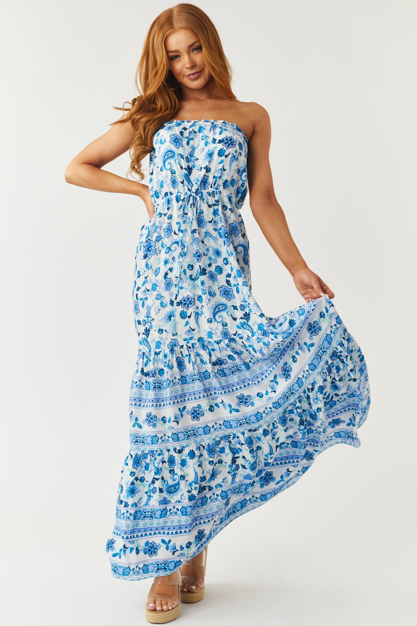 Ivory Floral Print Strapless Front Waist Tie Dress