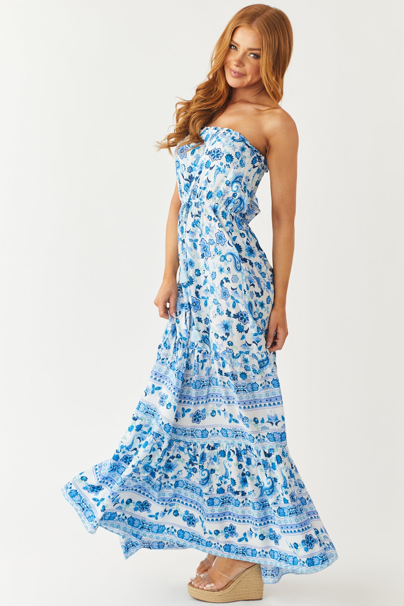 Ivory Floral Print Strapless Front Waist Tie Dress