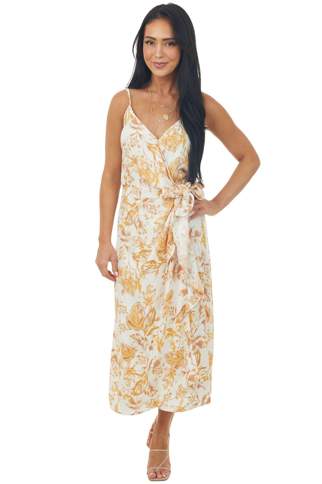 Ivory Floral Print Surplice Midi Wrap Dress