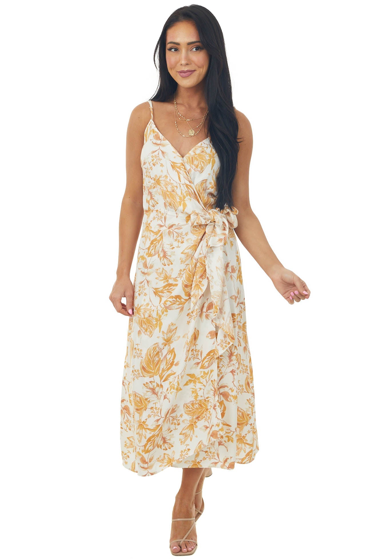 Ivory Floral Print Surplice Midi Wrap Dress