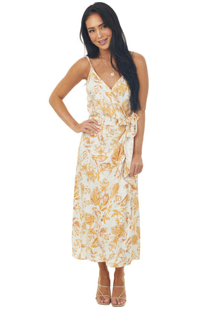 Ivory Floral Print Surplice Midi Wrap Dress