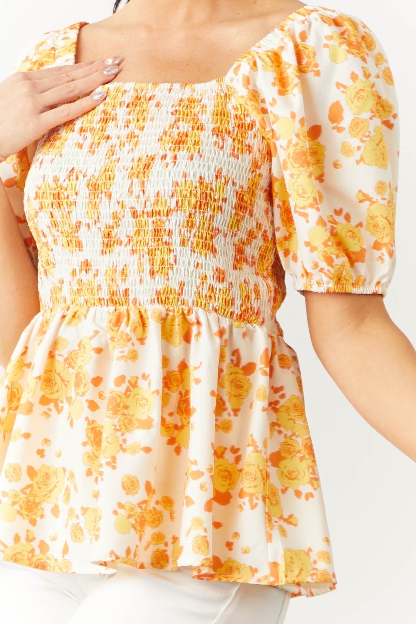 Ivory Floral Puff Sleeve Smocked Peplum Top