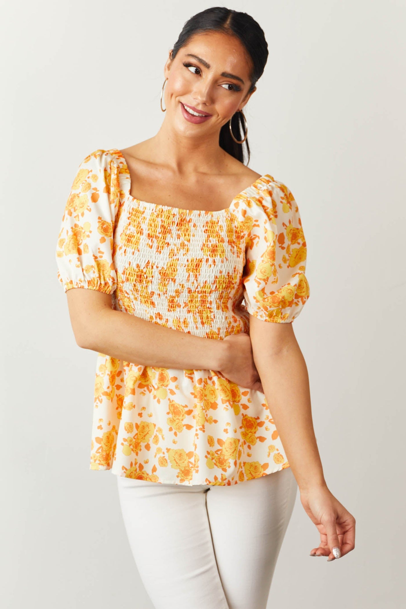 Ivory Floral Puff Sleeve Smocked Peplum Top