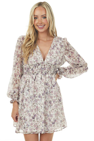 Ivory Floral V Neck Bubble Sleeve Woven Dress