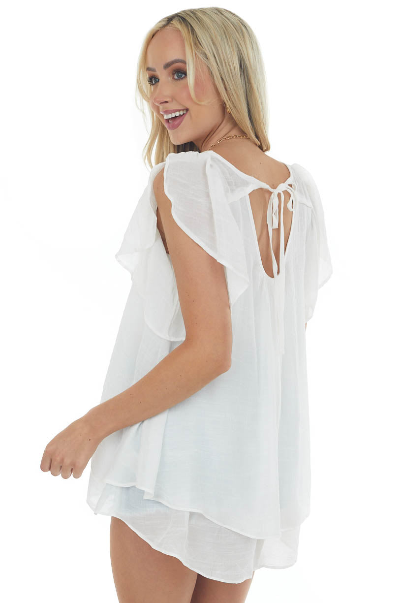 Ivory Flutter Sleeve Back Tie Ruffle Blouse