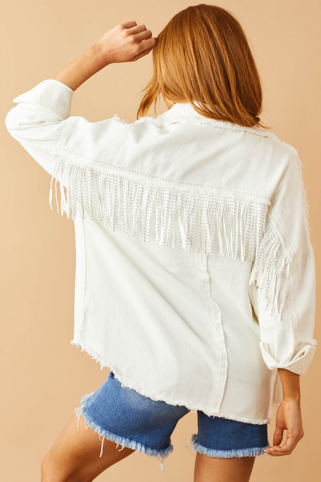 Ivory Frayed Trim Studded Fringe Denim Jacket