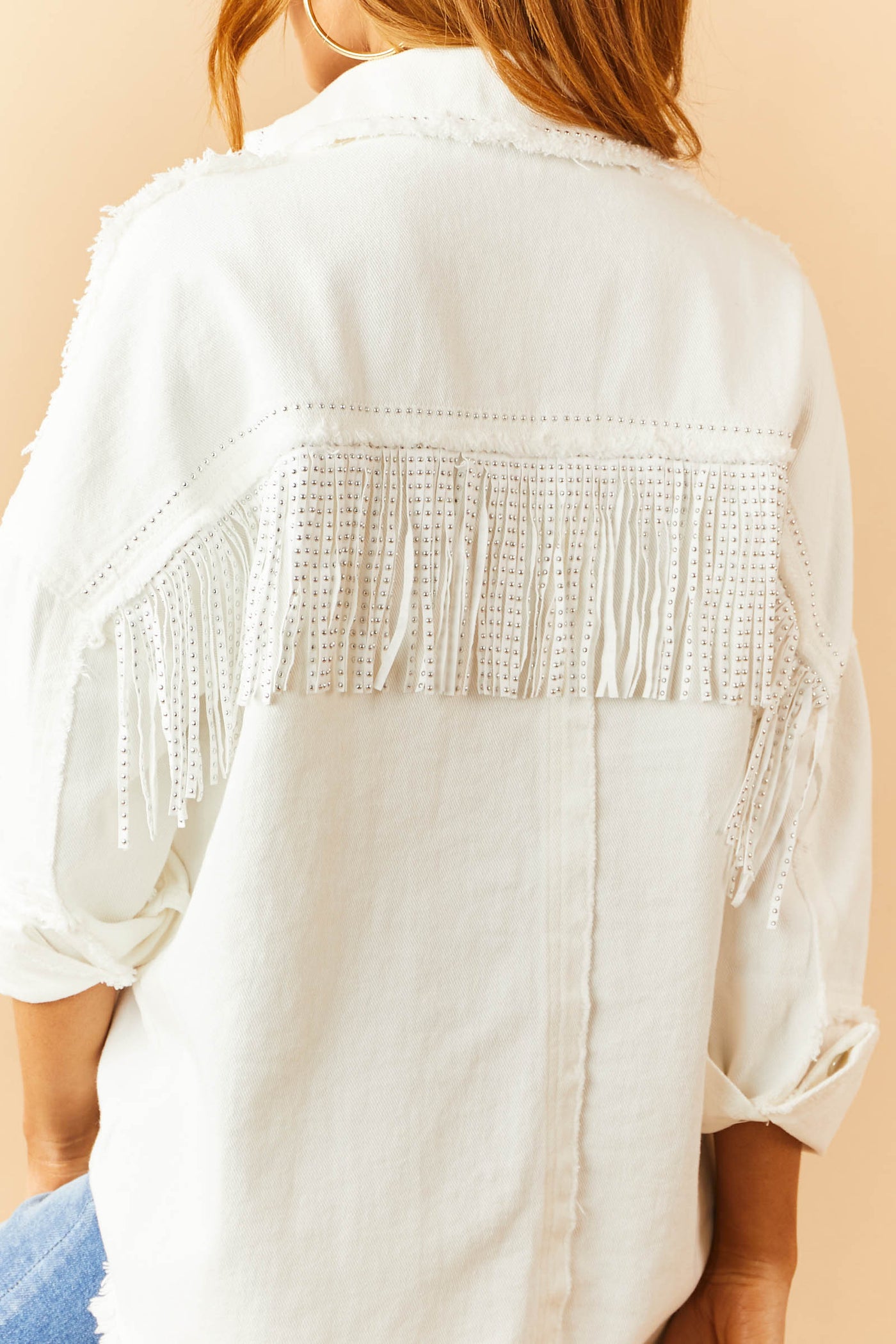 Ivory Frayed Trim Studded Fringe Denim Jacket
