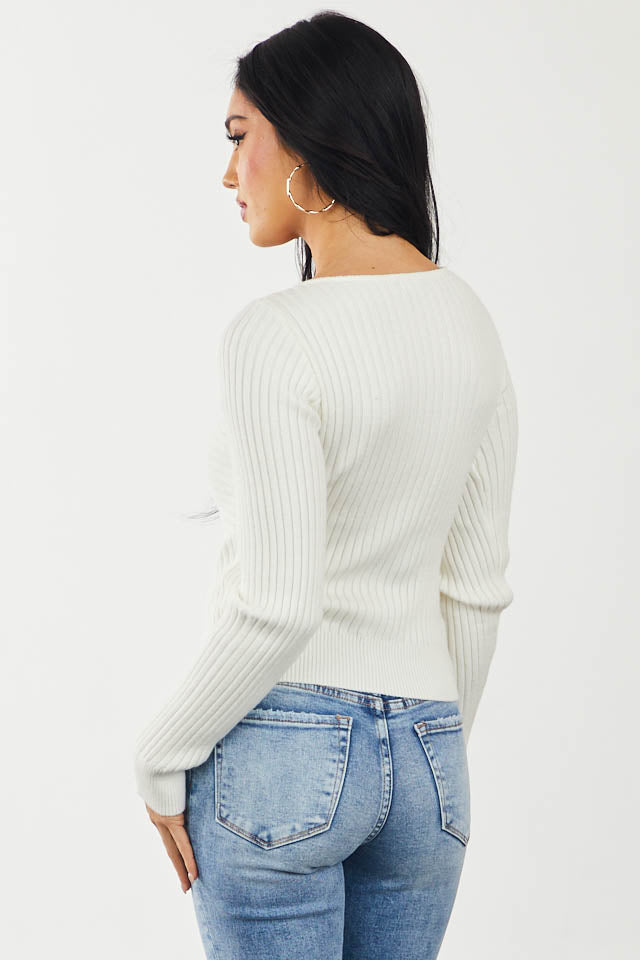 Ivory Front Twist Ribbed Knit Fitted Sweater
