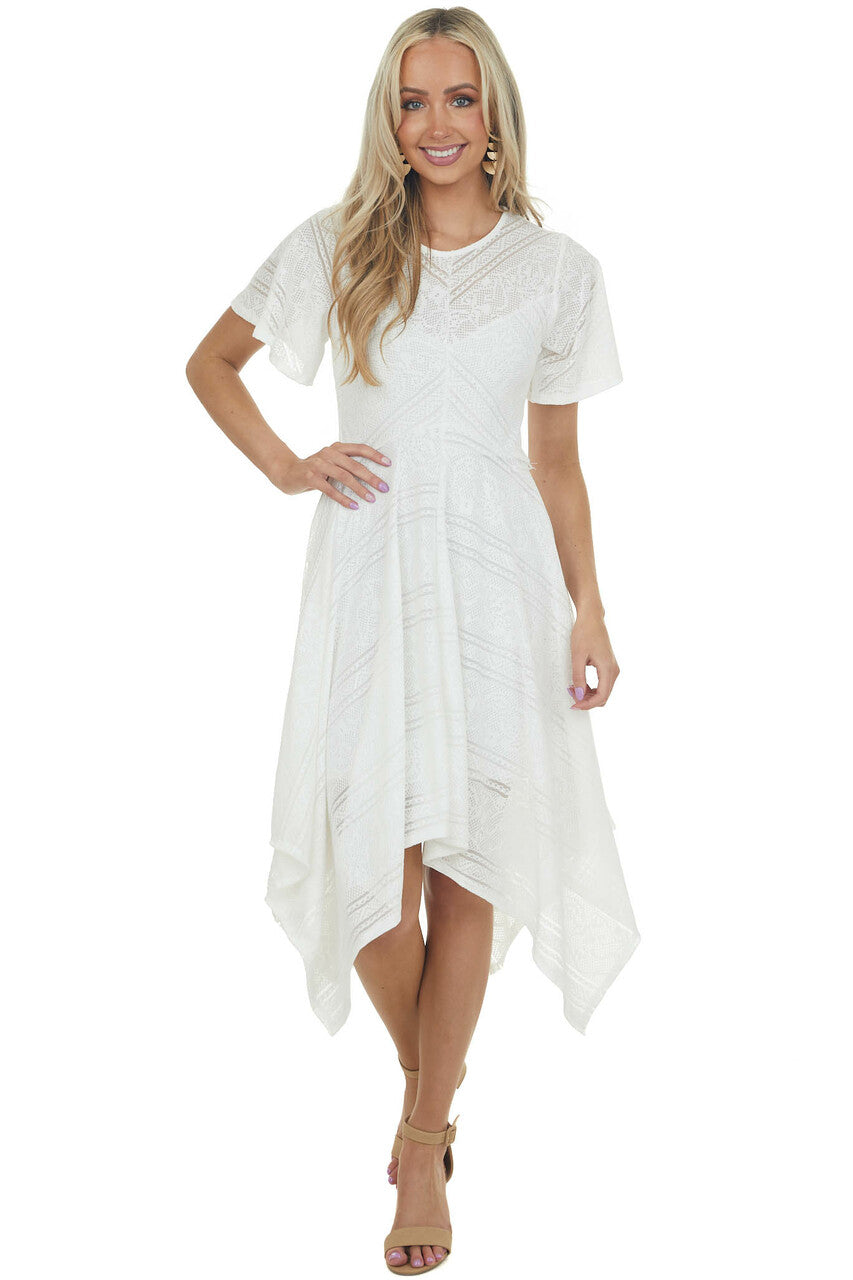 Ivory Handkerchief Hem Lace Knit Midi Dress 