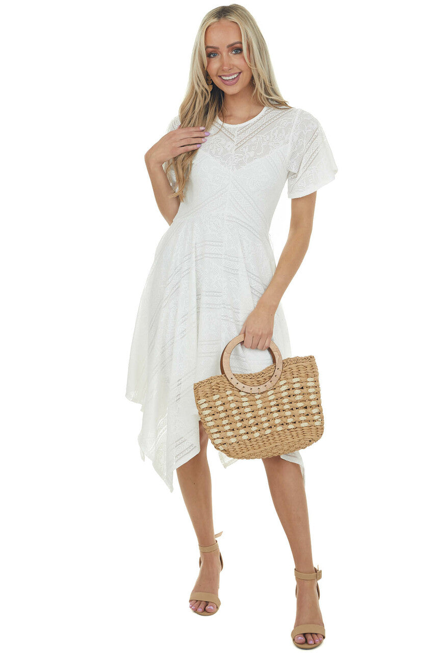 Ivory Handkerchief Hem Lace Knit Midi Dress 