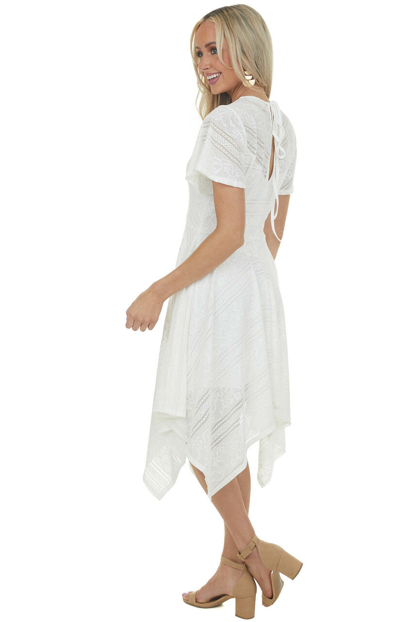 Ivory Handkerchief Hem Lace Knit Midi Dress 