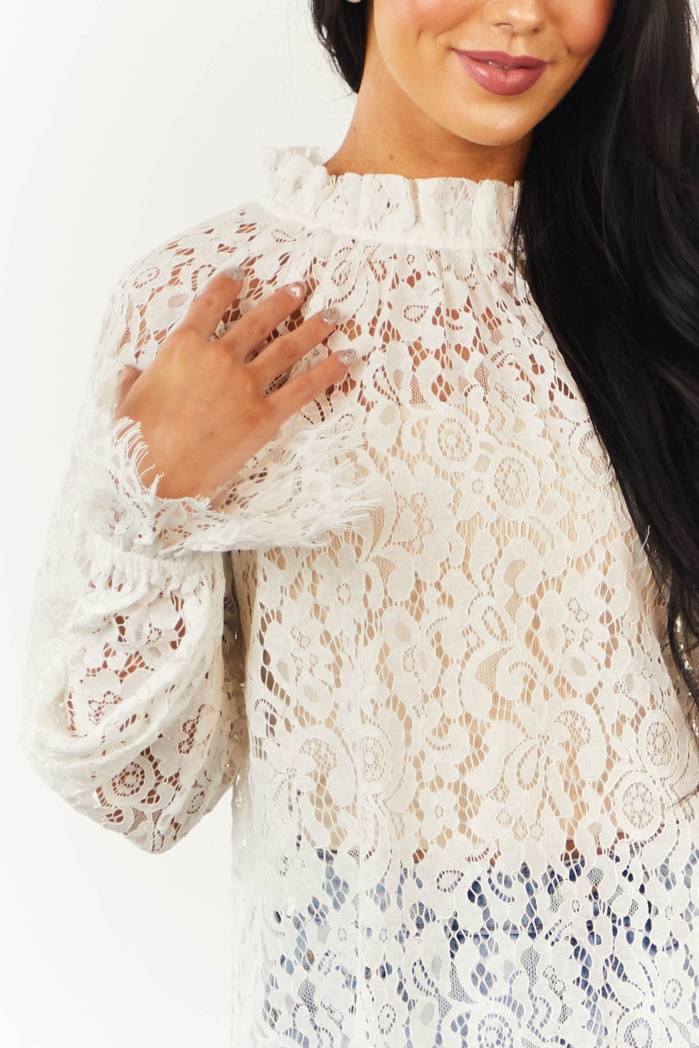 Ivory High Neck Eyelash Trim Lace Blouse