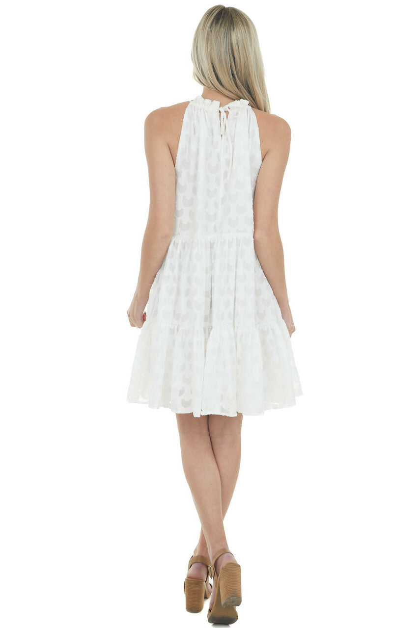 Ivory Jacquard Textured Tiered Dress with Halter Neckline