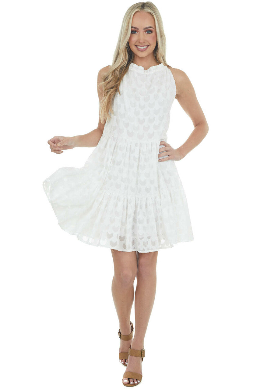 Ivory Jacquard Textured Tiered Dress with Halter Neckline