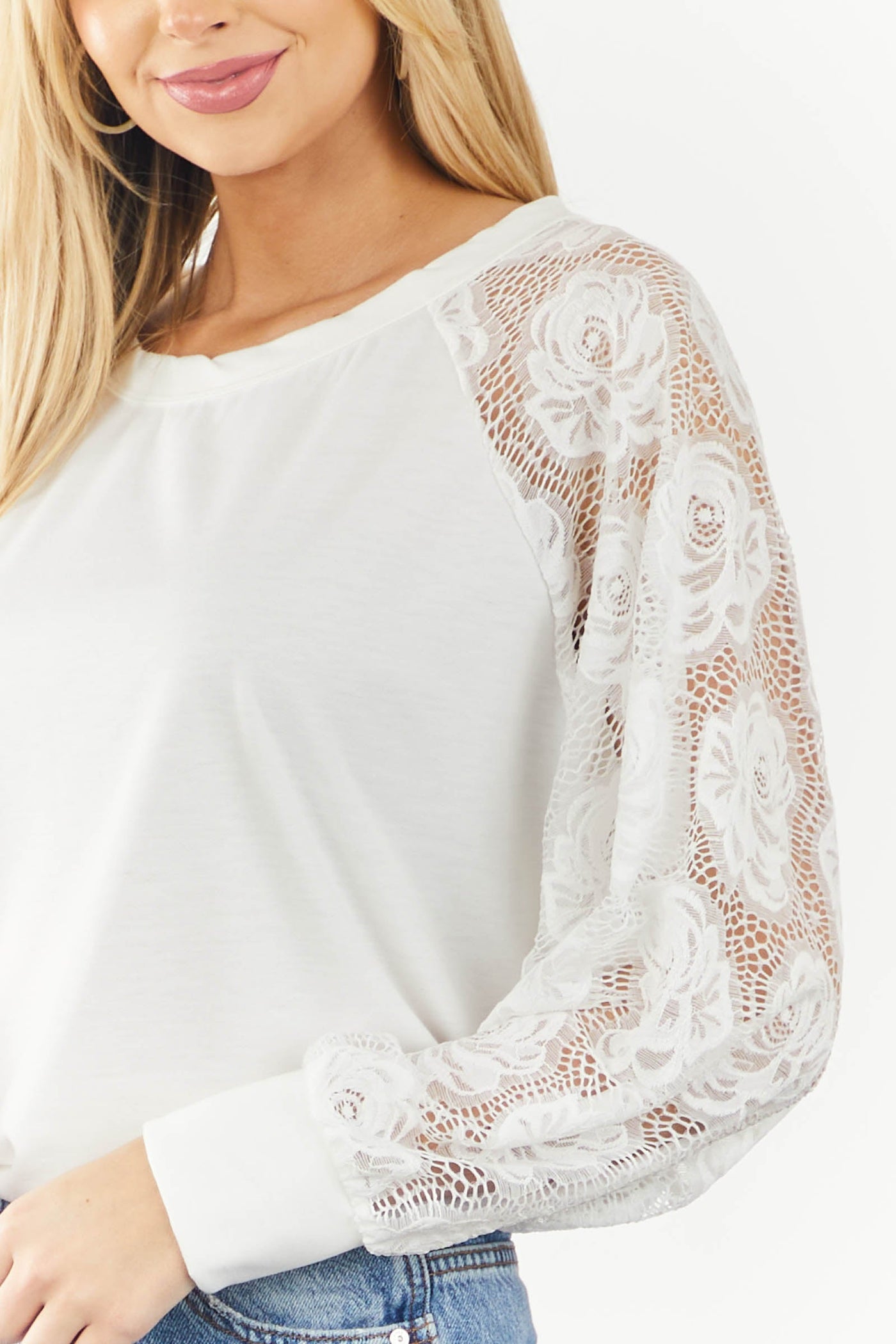 Ivory Knit Top with Rose Lace Sleeves