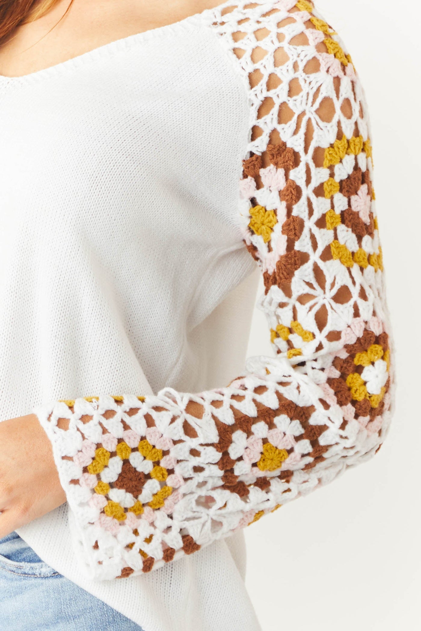 Ivory Knit V Neck Top with Floral Crochet Sleeves