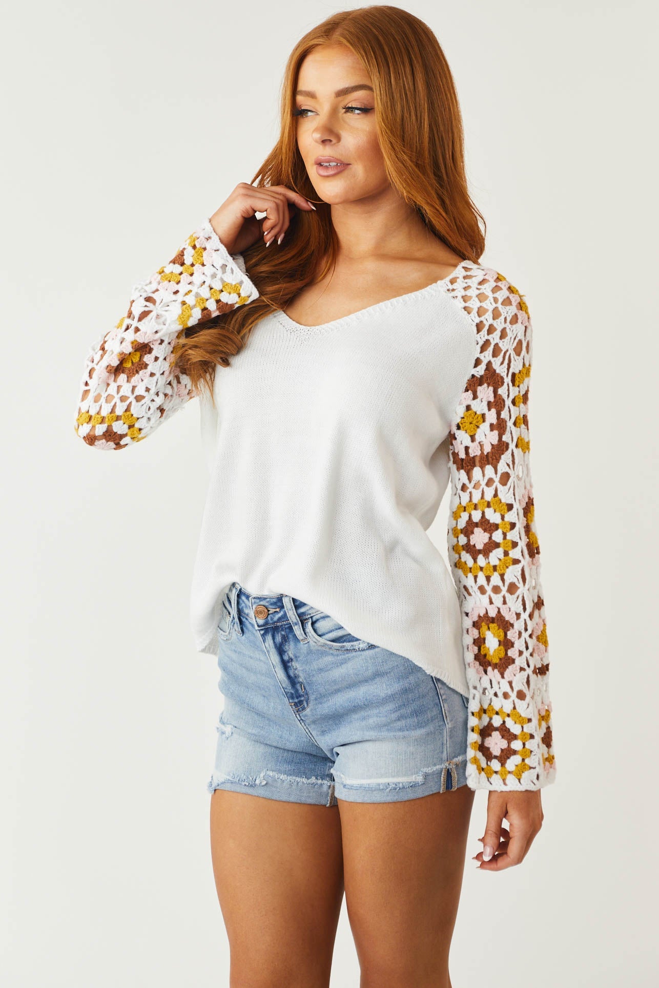 Ivory Knit V Neck Top with Floral Crochet Sleeves