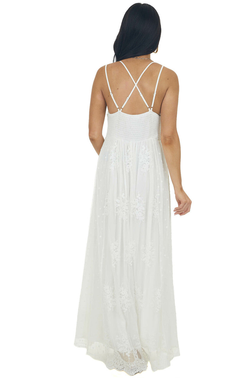 Ivory Lace Sleeveless Mesh Maxi Dress 