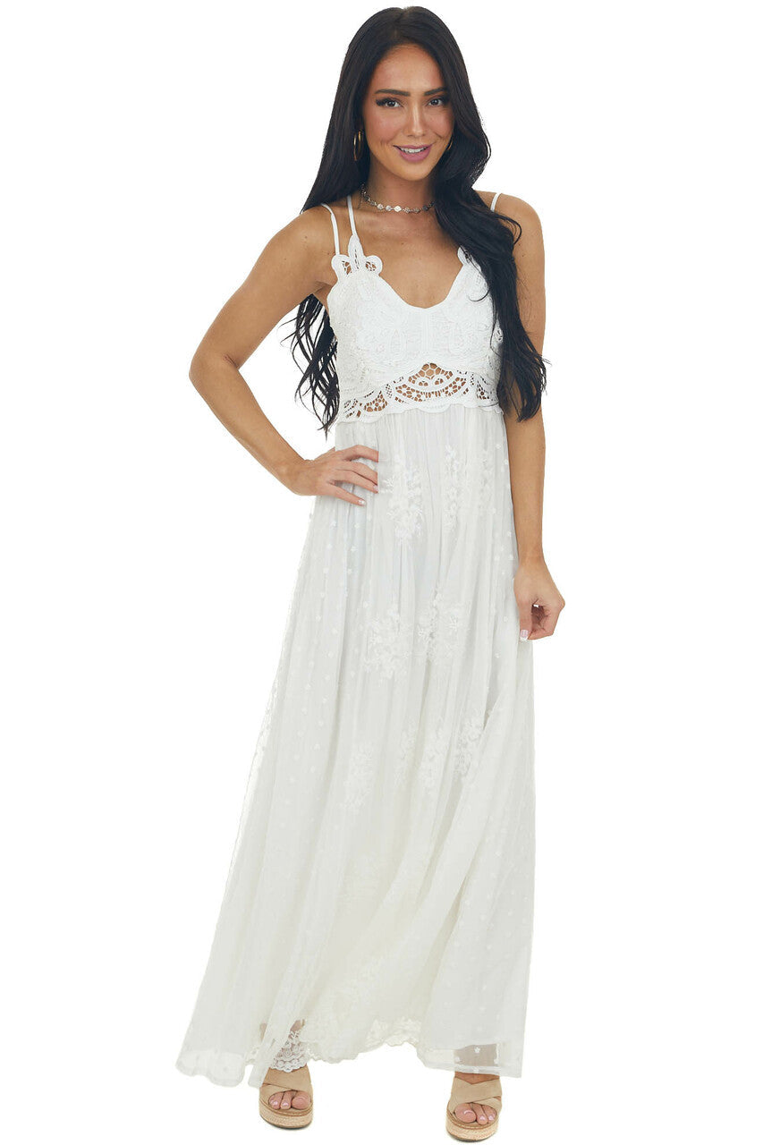 Ivory Lace Sleeveless Mesh Maxi Dress 