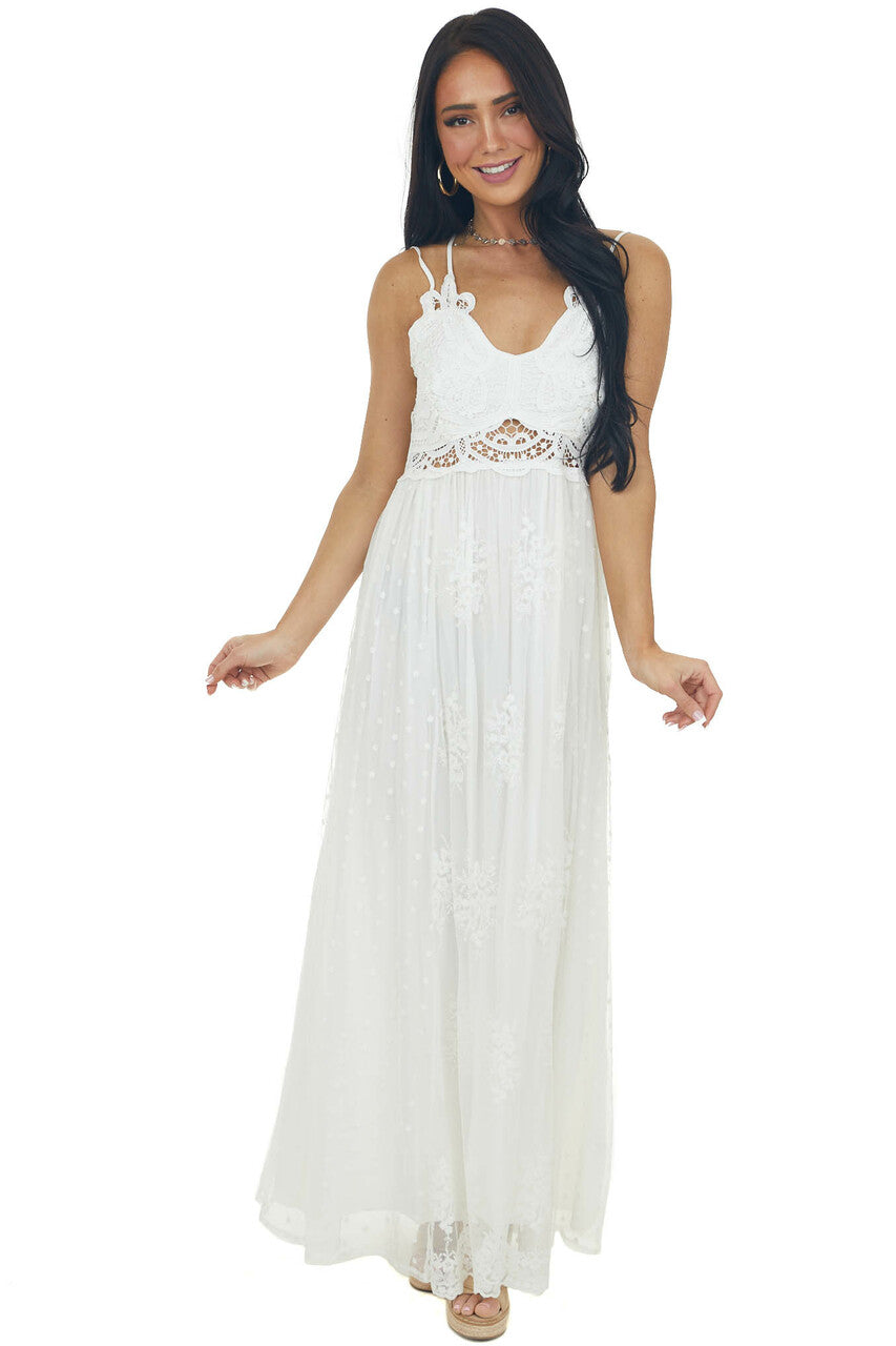 Ivory Lace Sleeveless Mesh Maxi Dress 