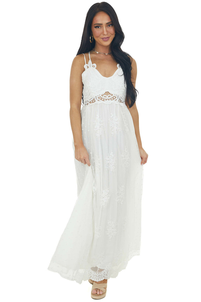Ivory Lace Sleeveless Mesh Maxi Dress 