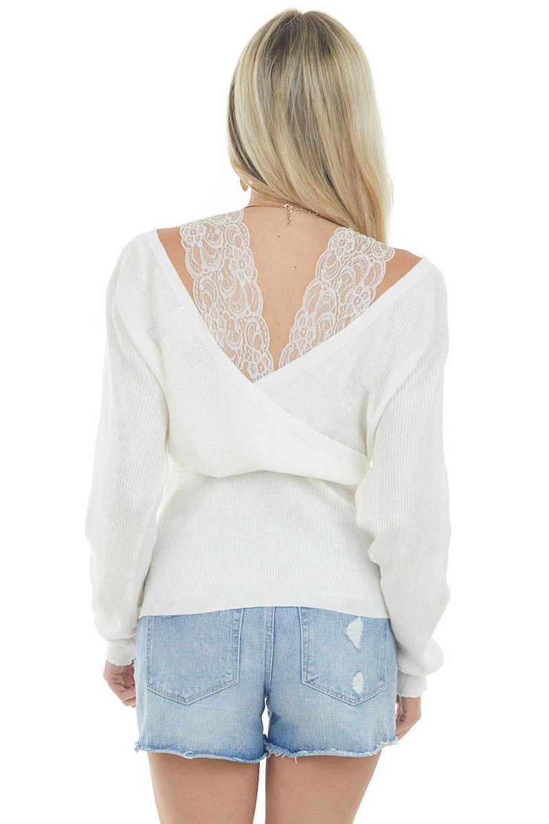 Ivory Lace Strap Ribbed Knit Light Sweater