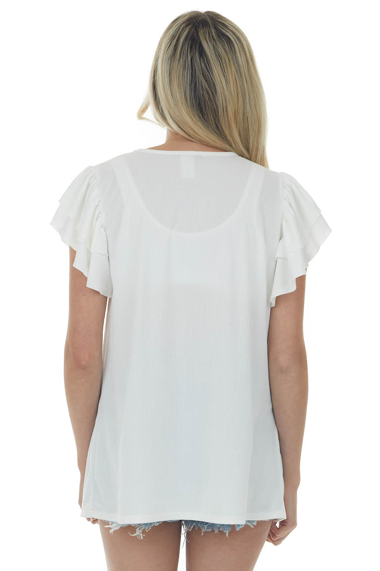 Ivory Lace Trim Yoke Ruffle Ribbed Knit Top