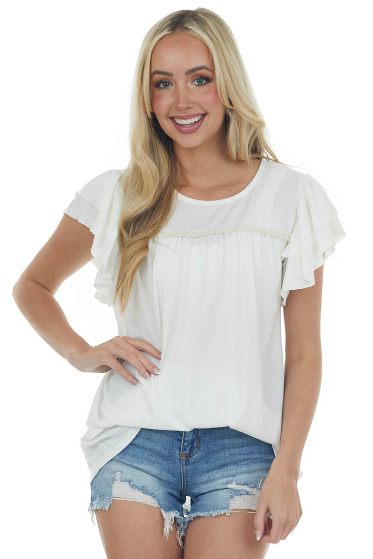 Ivory Lace Trim Yoke Ruffle Ribbed Knit Top