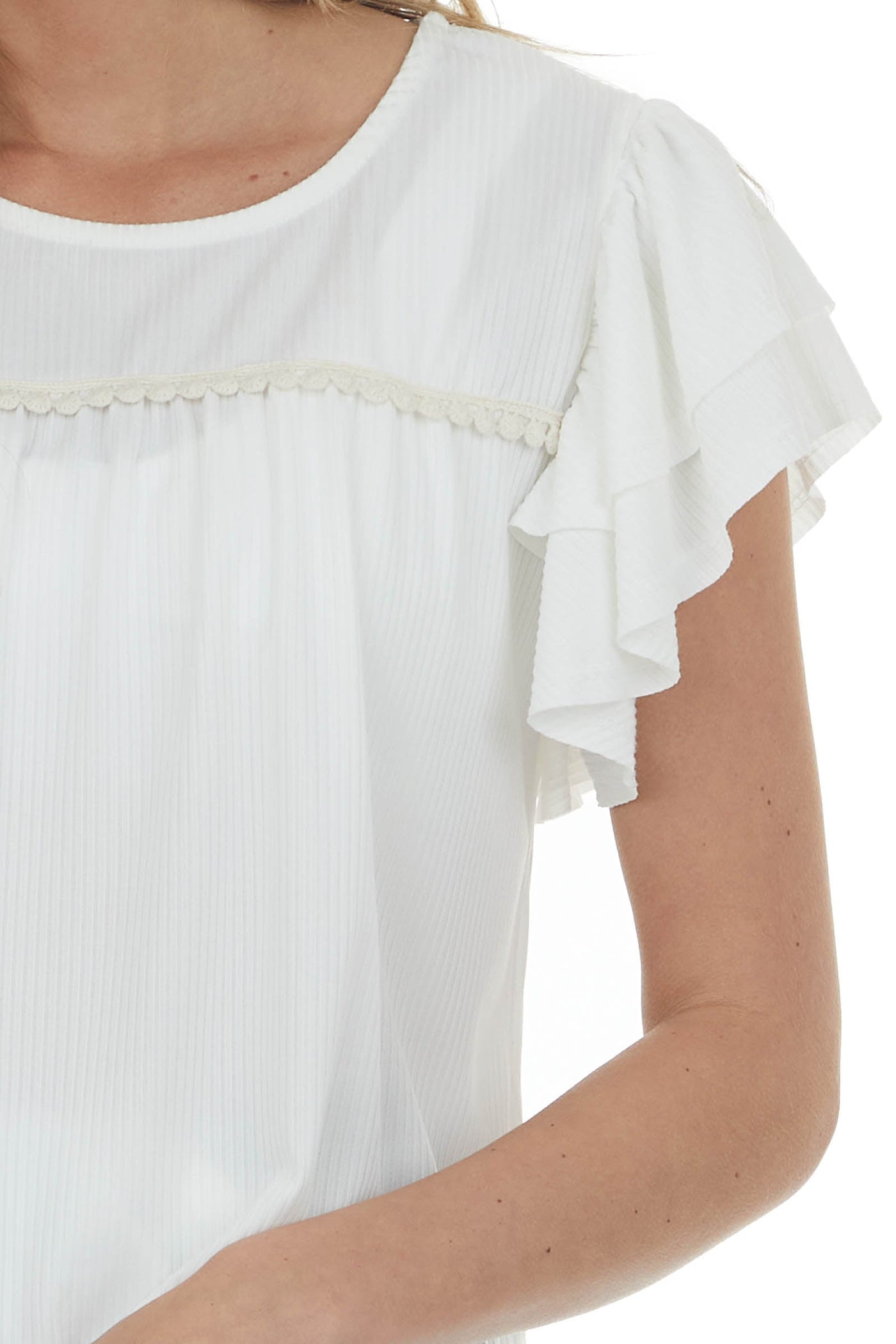 Ivory Lace Trim Yoke Ruffle Ribbed Knit Top
