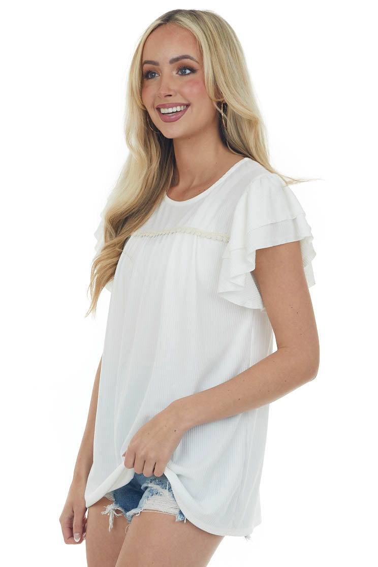 Ivory Lace Trim Yoke Ruffle Ribbed Knit Top