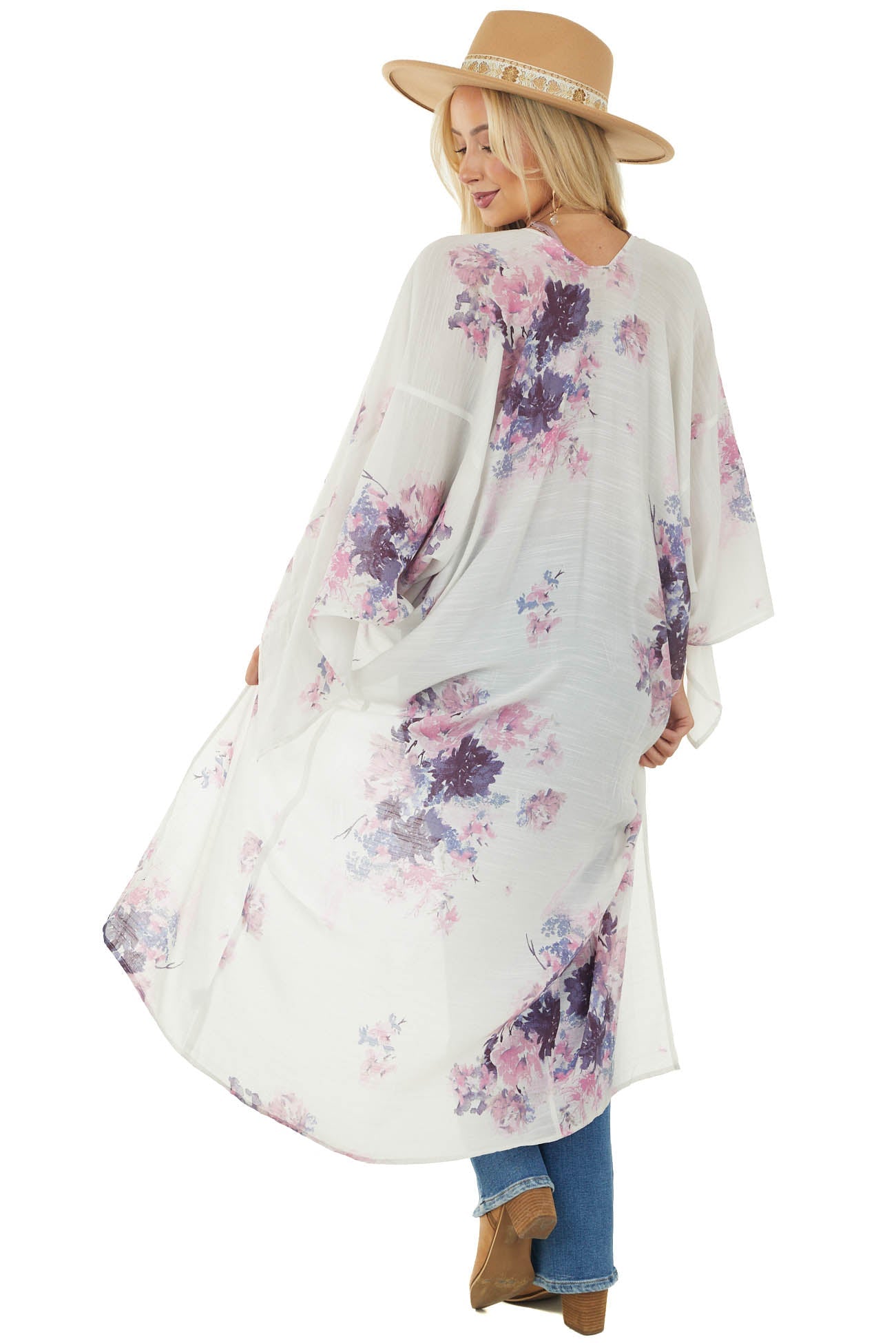 Ivory Large Floral Print Open Front Woven Duster Kimono