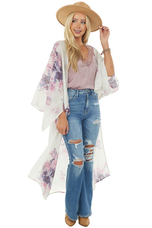 Ivory Large Floral Print Open Front Woven Duster Kimono