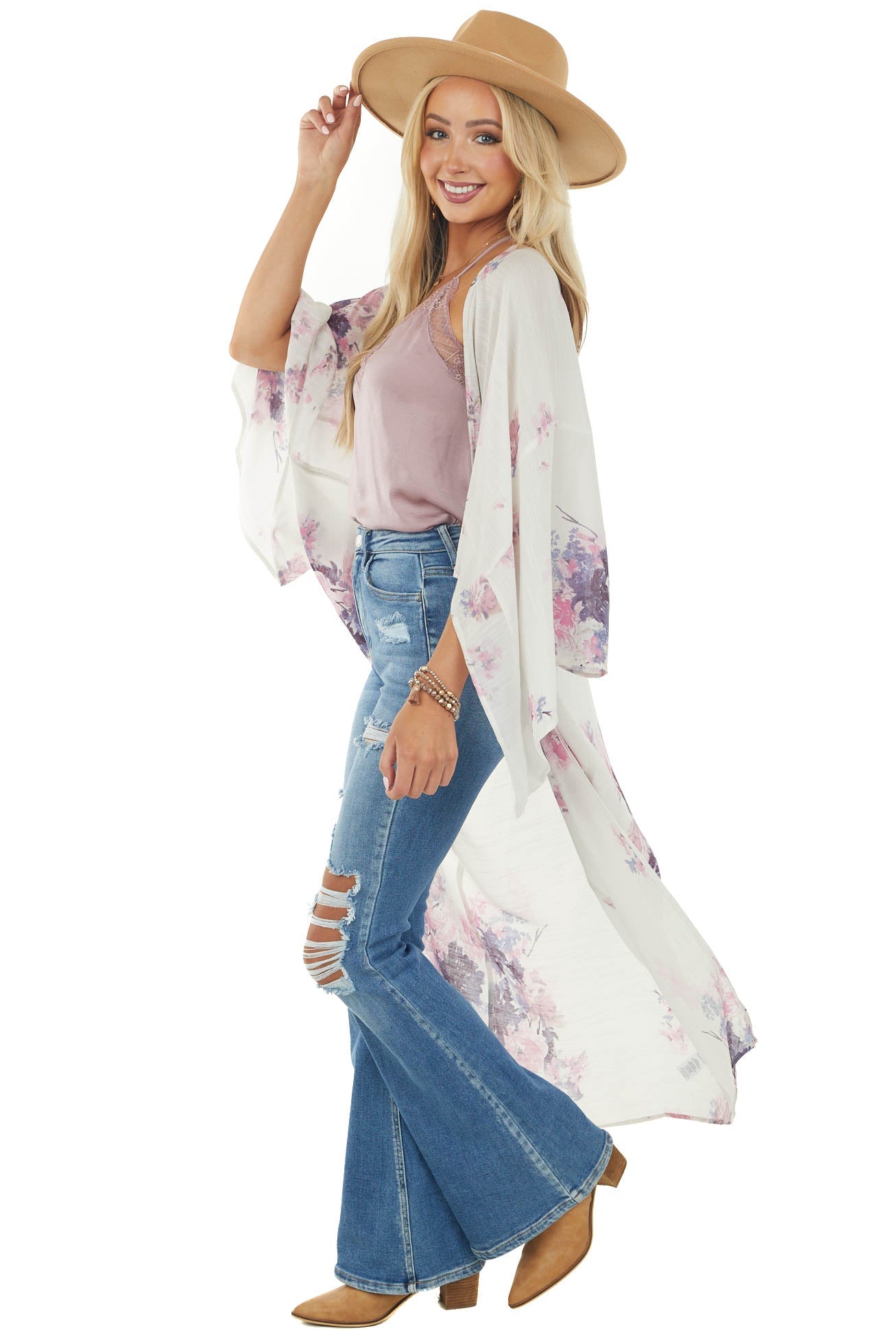 Ivory Large Floral Print Open Front Woven Duster Kimono