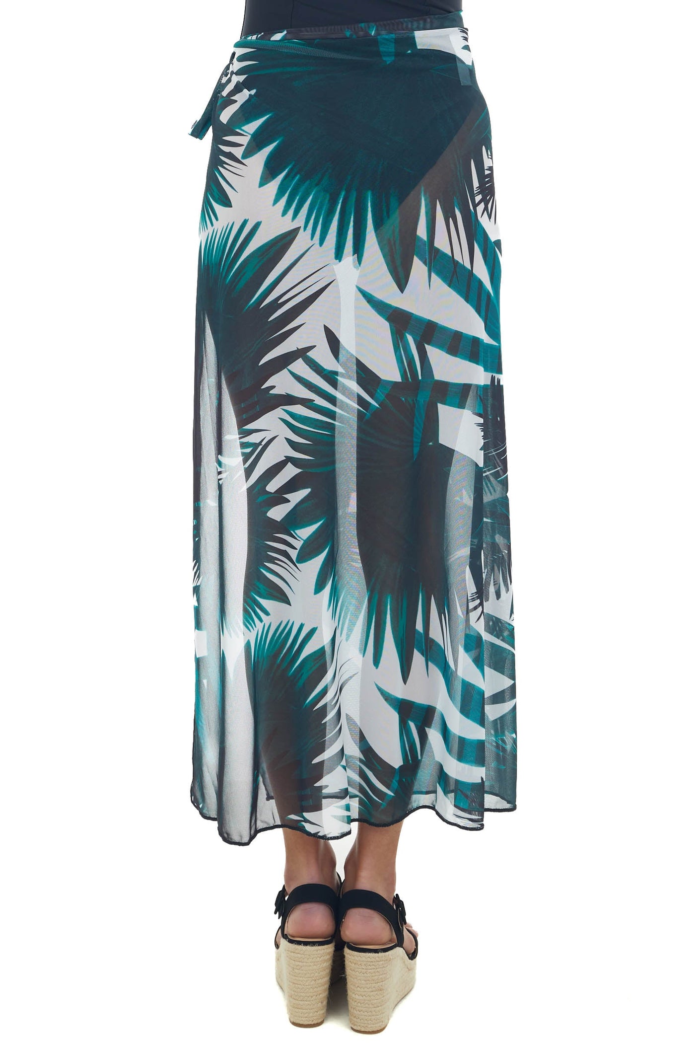 Ivory Leaf Print Mesh Cover Up Maxi Wrap Skirt