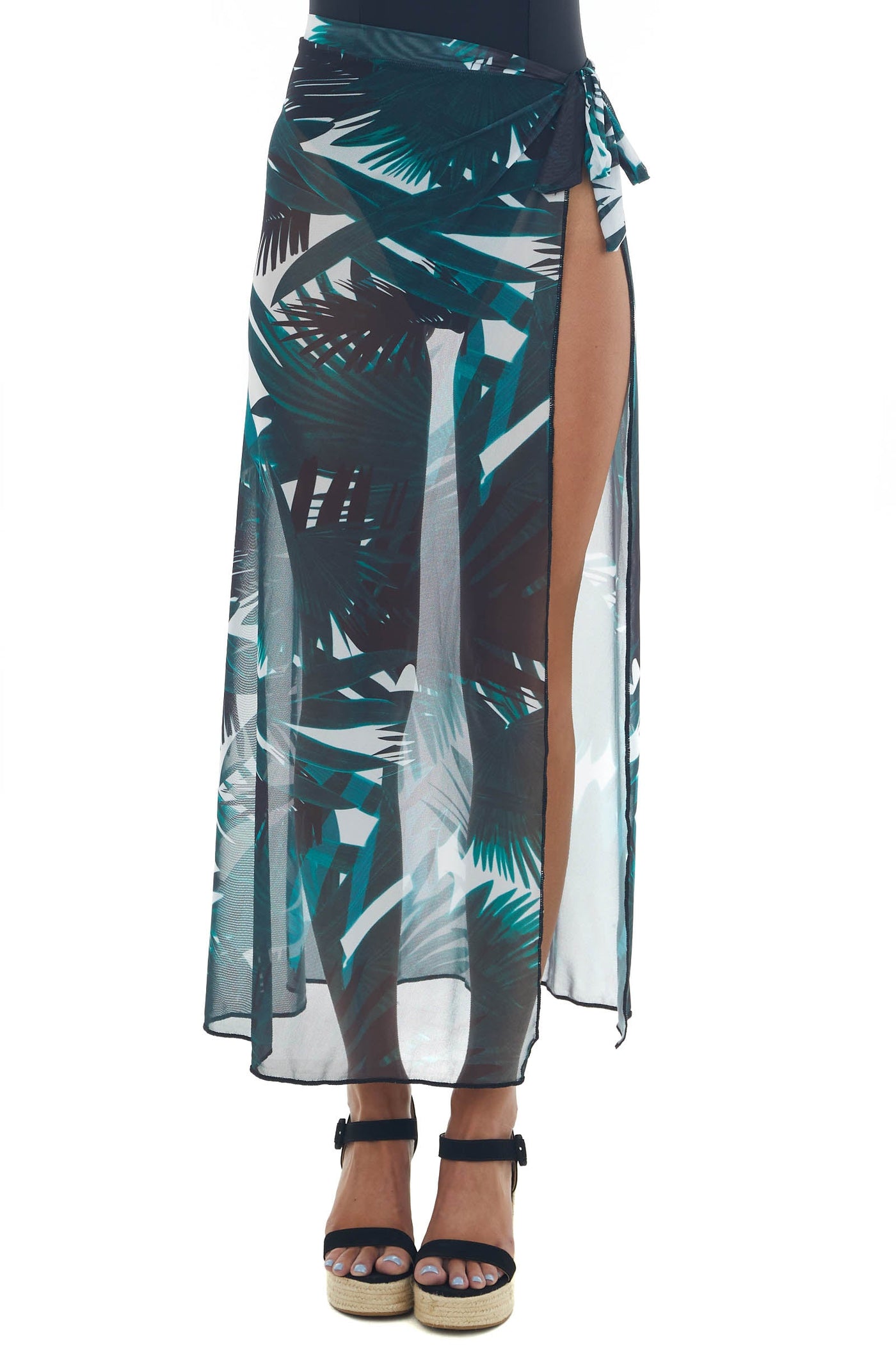 Ivory Leaf Print Mesh Cover Up Maxi Wrap Skirt