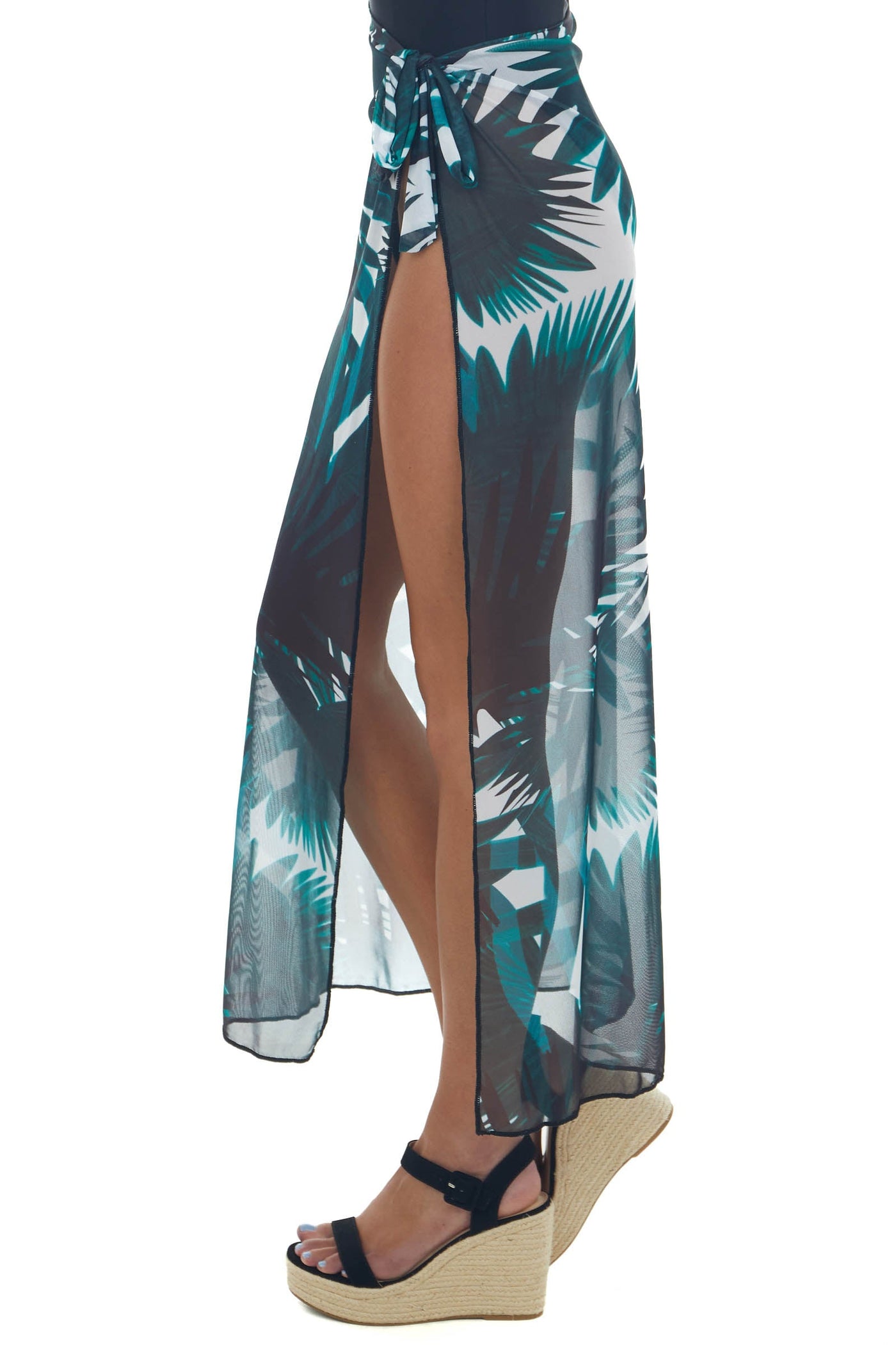 Ivory Leaf Print Mesh Cover Up Maxi Wrap Skirt