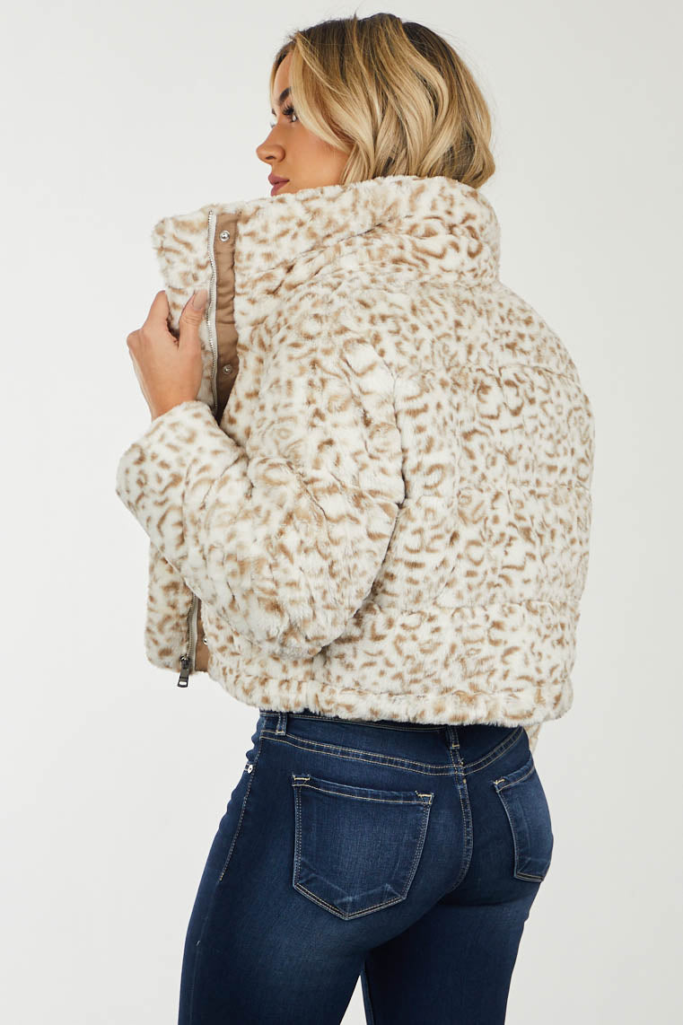 Ivory Leopard Print Faux Fur Cropped Jacket