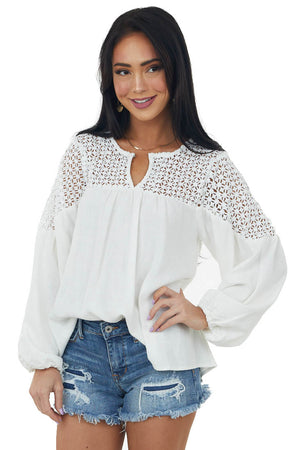 Ivory Long Sleeve Crochet Yoke Woven Top
