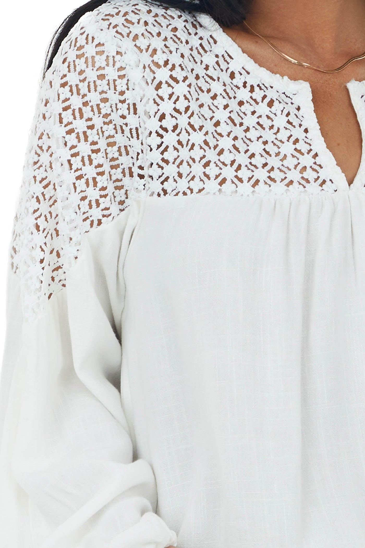 Ivory Long Sleeve Crochet Yoke Woven Top