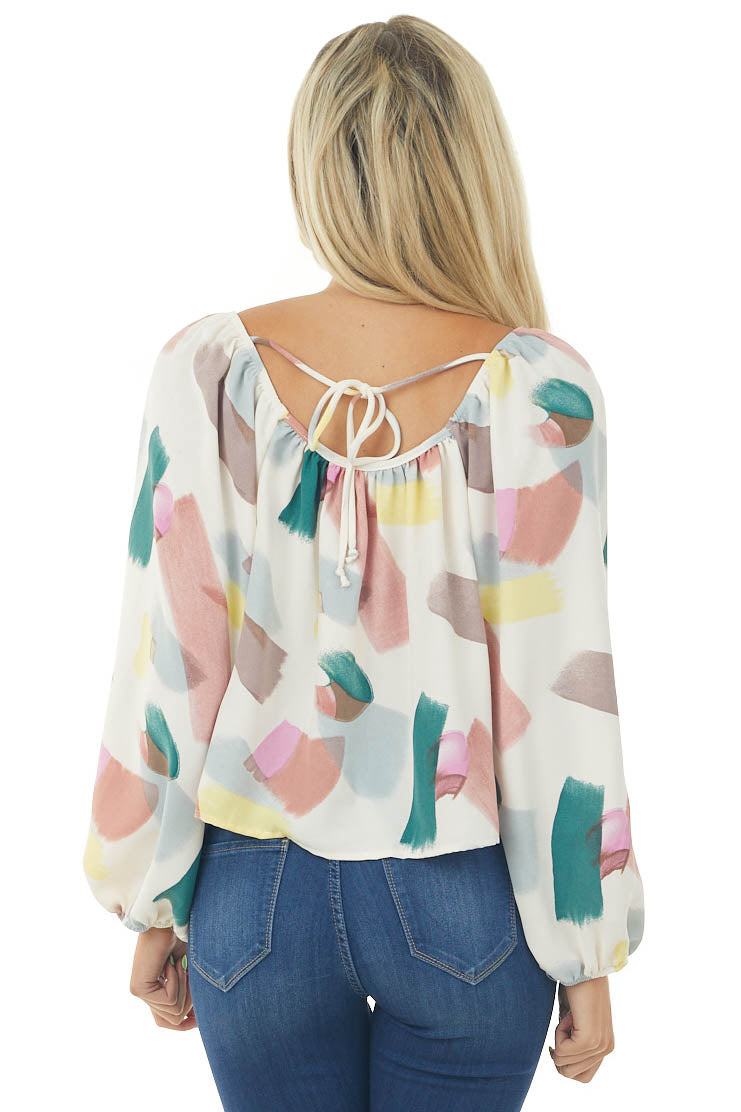 Ivory Multicolor Paint Stroke Puff Sleeve Blouse