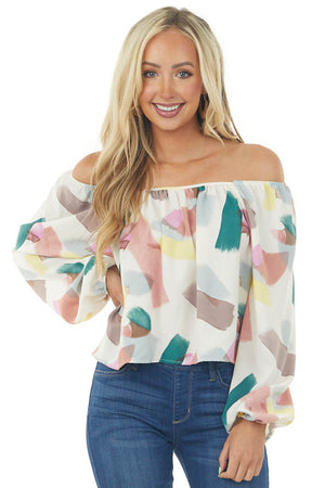 Ivory Multicolor Paint Stroke Puff Sleeve Blouse