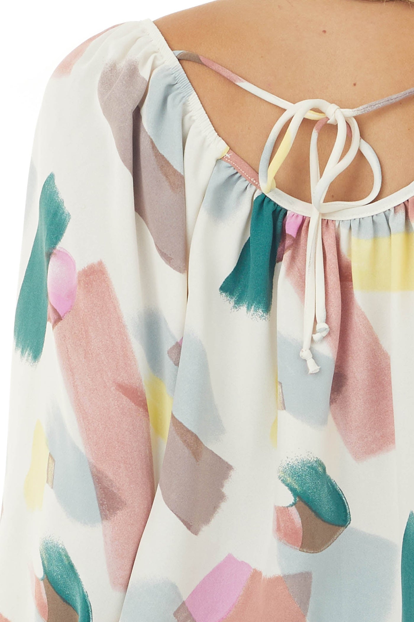 Ivory Multicolor Paint Stroke Puff Sleeve Blouse