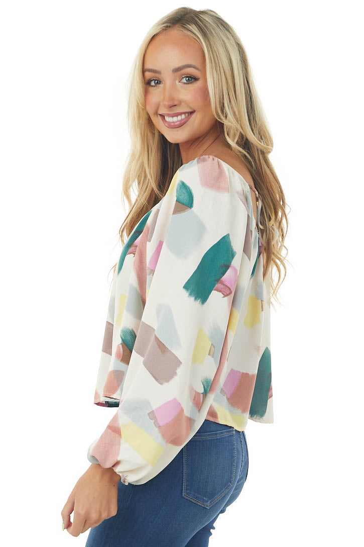 Ivory Multicolor Paint Stroke Puff Sleeve Blouse