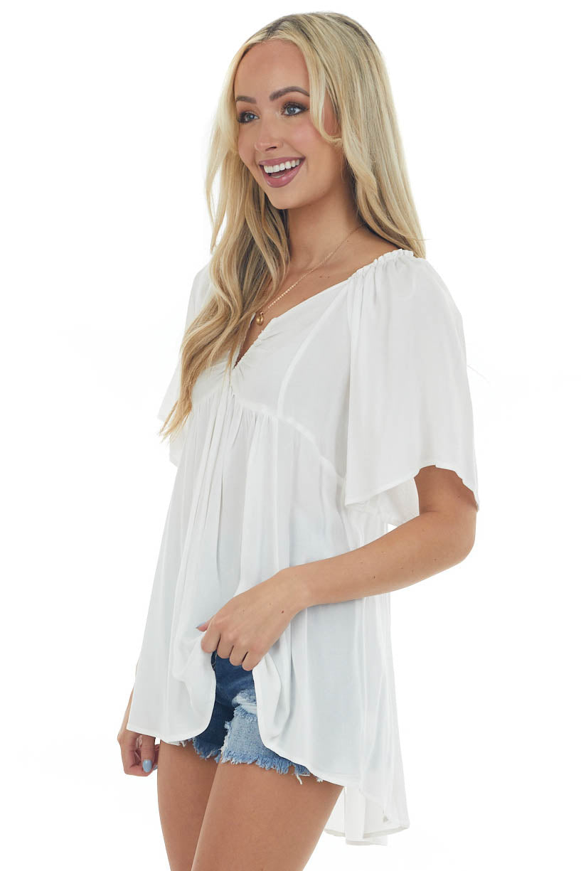 Ivory Notch Neck Flowy High Low Tunic Blouse