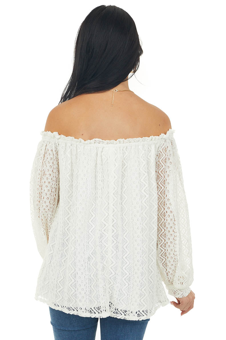 Ivory Off Shoulder Long Bubble Sleeve Lace Top