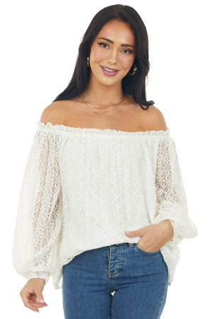 Ivory Off Shoulder Long Bubble Sleeve Lace Top