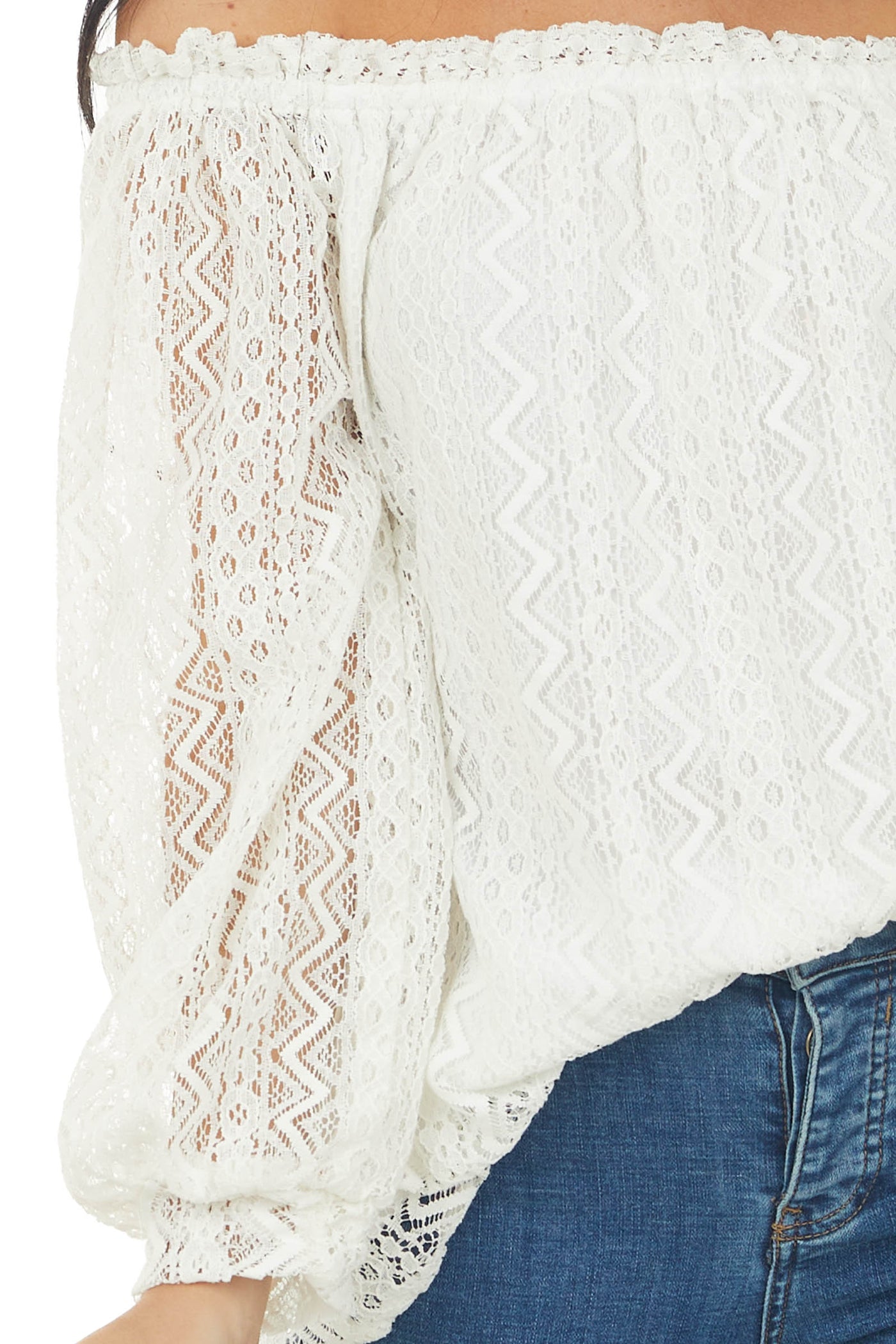 Ivory Off Shoulder Long Bubble Sleeve Lace Top