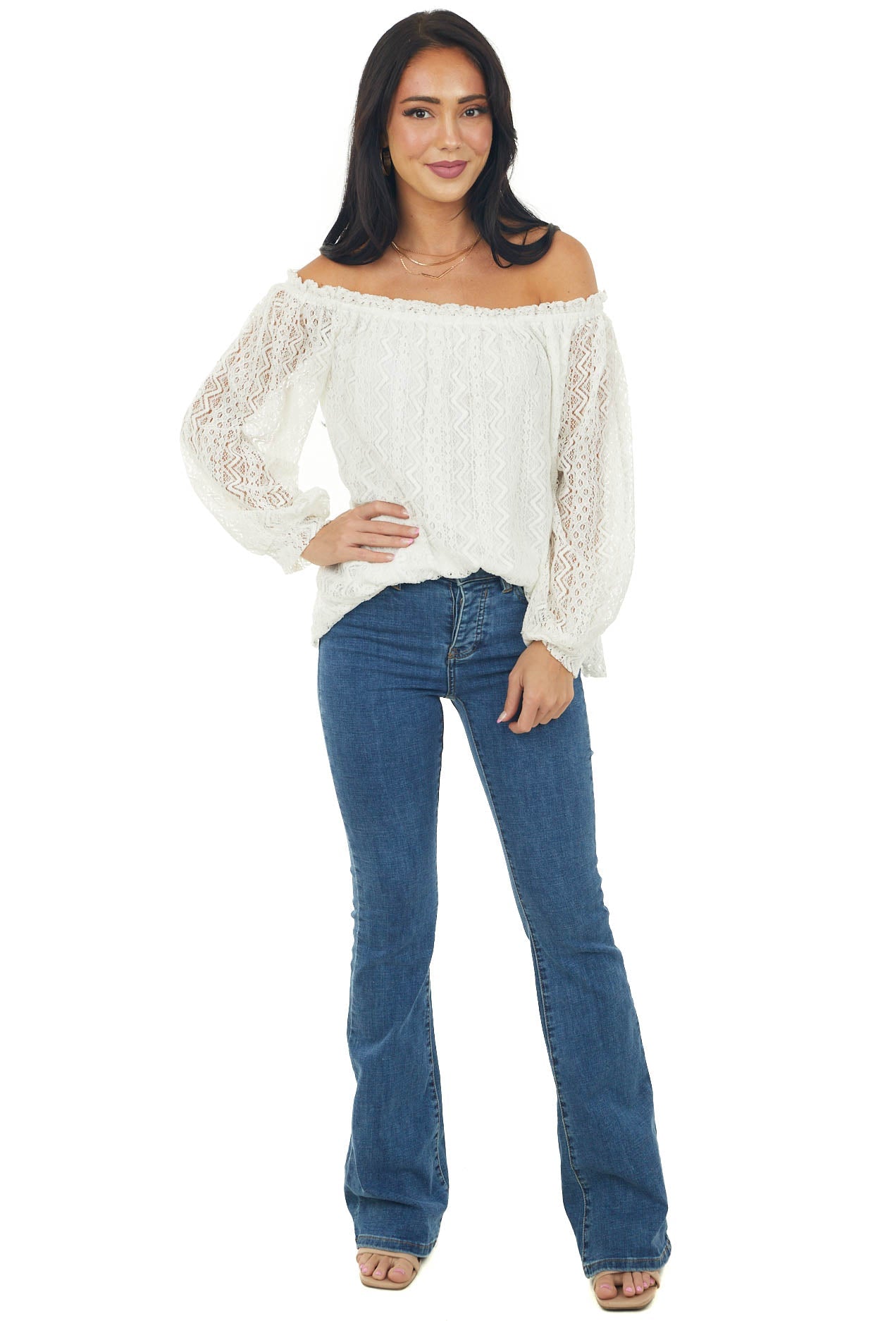 Ivory Off Shoulder Long Bubble Sleeve Lace Top
